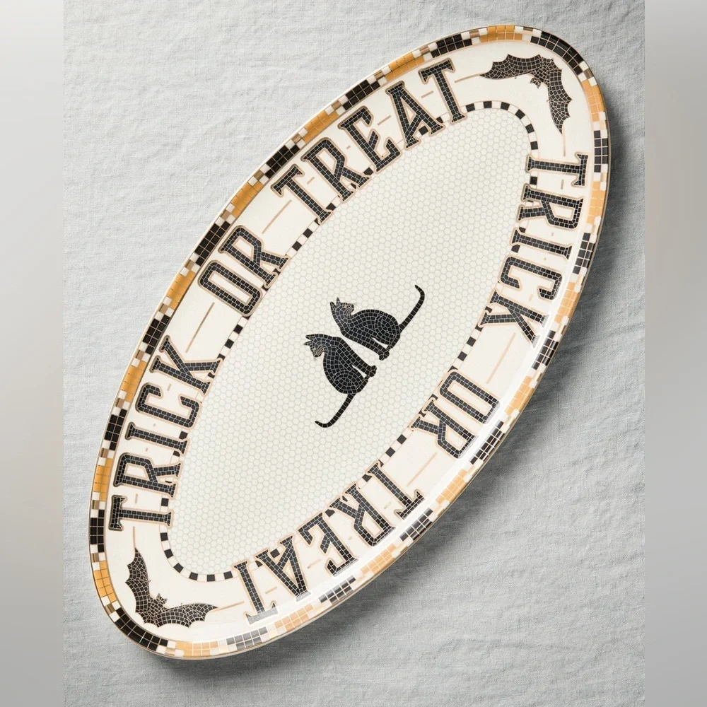 Anthropologie home Bistro Tile Stoneware Serving Platter Halloween Edition cats